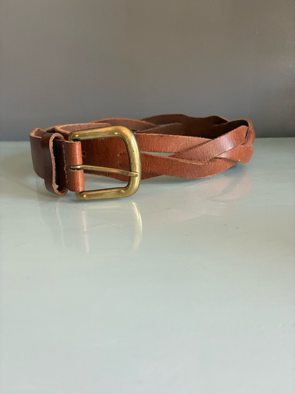 Rich Brown Braided Leather Belt With Brass Buckle